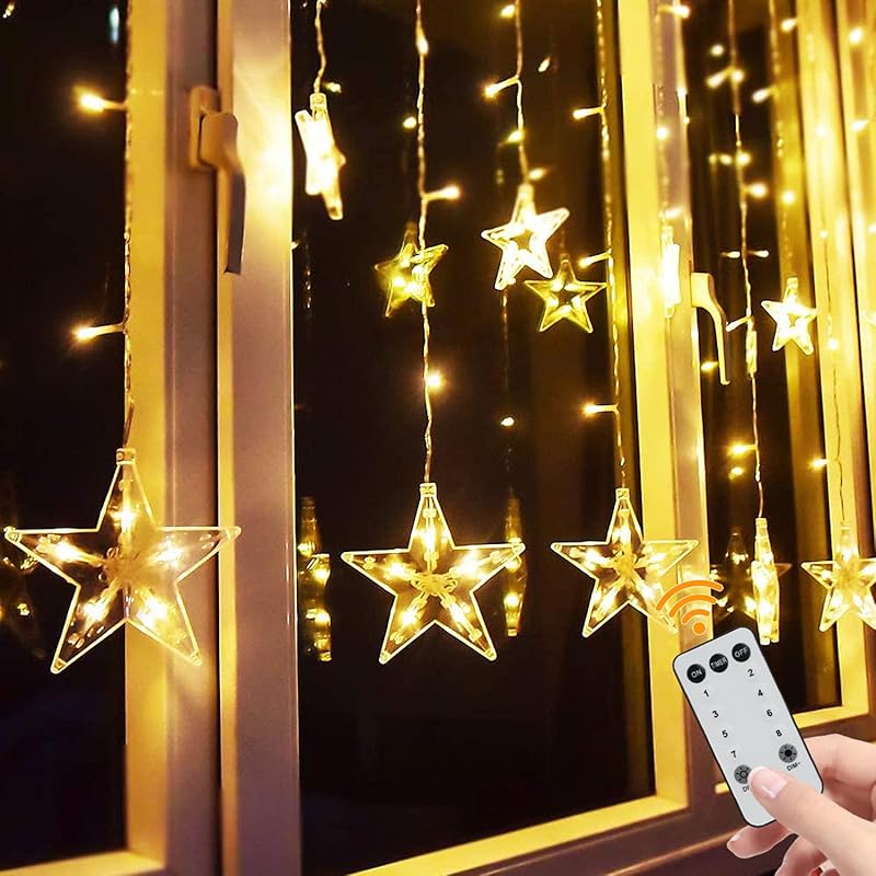 TOFU Star Curtain Lights, 108 Led 12 Stars Remote Window Curtain String Lights Plug in with 8 Flashing Modes Decoration for Christmas, Wedding,