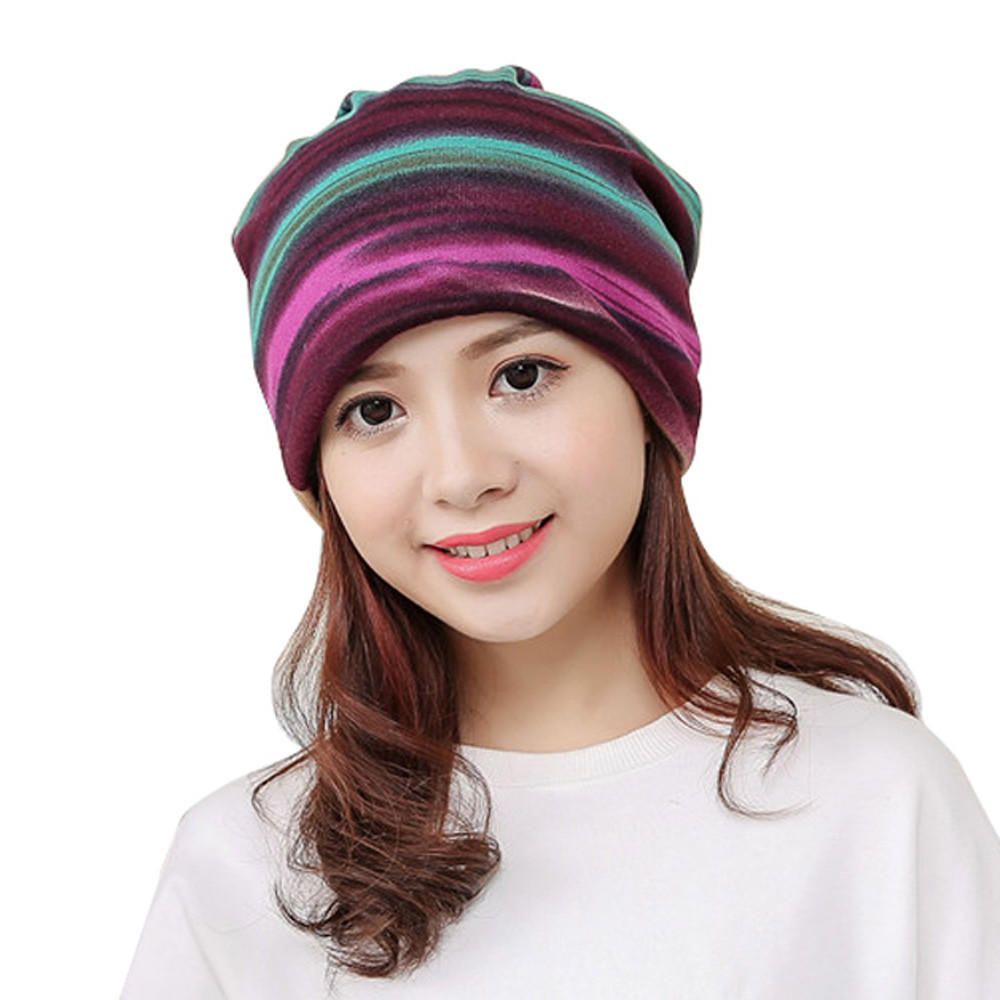 Women Stripe Hat Ruffle  Hat  Scarf  Collar Turban Head Wrap Cap