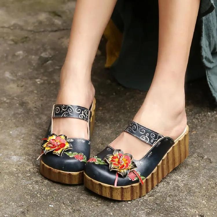 Fashion GKTINOO 2025 Summer Shoes Women Wedge Slides Cover Toes Handmade Flower Thick Heels Genuine Leather Lady Platform Slippers