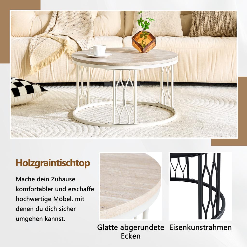 Round Coffee Table with Wood-Look Top and Metal Frame, Modern Living Room Table with Geometric Iron Frame, Sturdy Round Side Table, approx. 70x40.5 cm