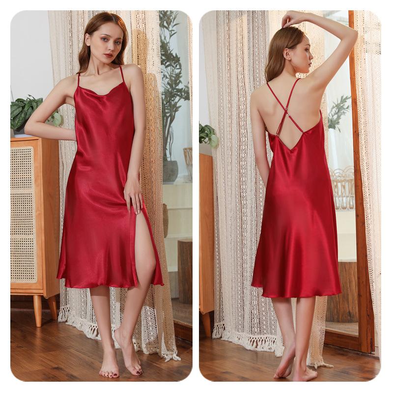 Women's Summer Sexy Cross-Strap Slip Nightdress Solid Color Glossy Satin Backless Loungewear Mid-Length Cami Dress