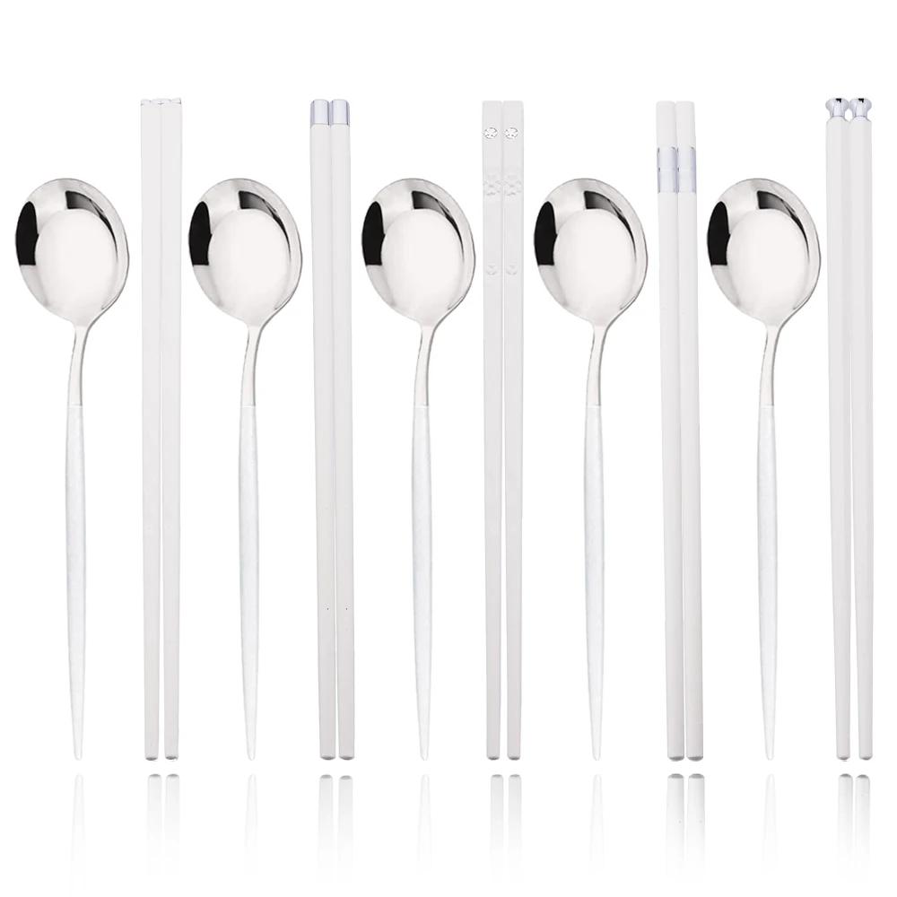 10Pcs Black Silver Portable Travel Cutlery Set Chopsticks Spoon Stainless Steel Korean Dinnerware Set Luxury Tableware Set