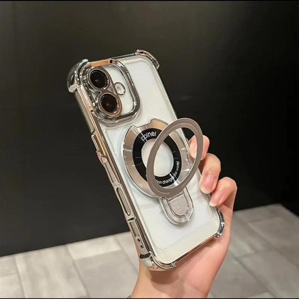 Suitable for Apple 16promax Stand, Phone Case, Electroplated Four-corner Magnetic Stand, Transparent IPhone15 Protective Case