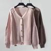 Loose Knitted Sweater Coat Women Solid Color V Neck Lantern Long Sleeve Cardigan Single Breasted