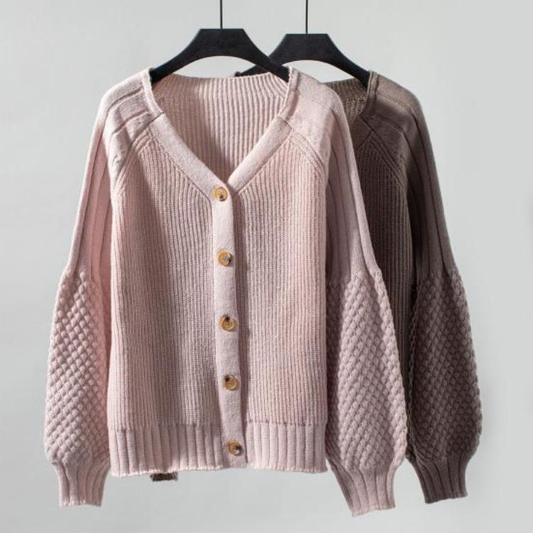 Loose Knitted Sweater Coat Women Solid Color V Neck Lantern Long Sleeve Cardigan Single Breasted