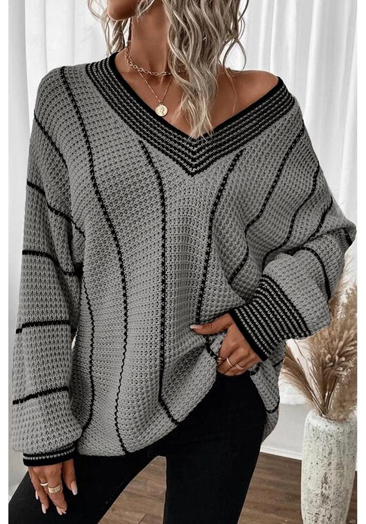 Autumn 2025 V-neck Knit Pullover: European-American Style, Hip-Length Striped Sweater for Women