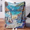A Village by Water with Boats and Flowers.-Themed Blanket - Comfortable Flannel Fabric Hypoallergenic Suitable for All Seasons - I