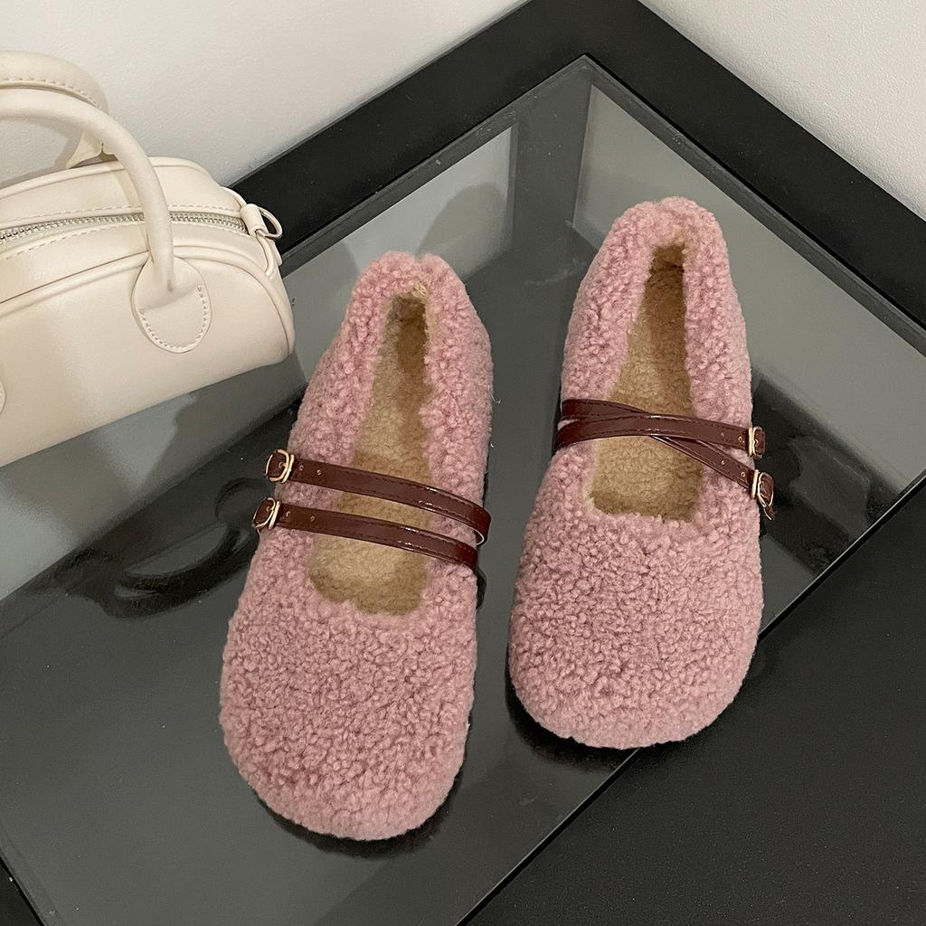 Fashion Autumn Winter Women Fur Flats Shoes Concise Comfort Street Style Soft Sole Female Dress Short Plush Mary Jane Shoes