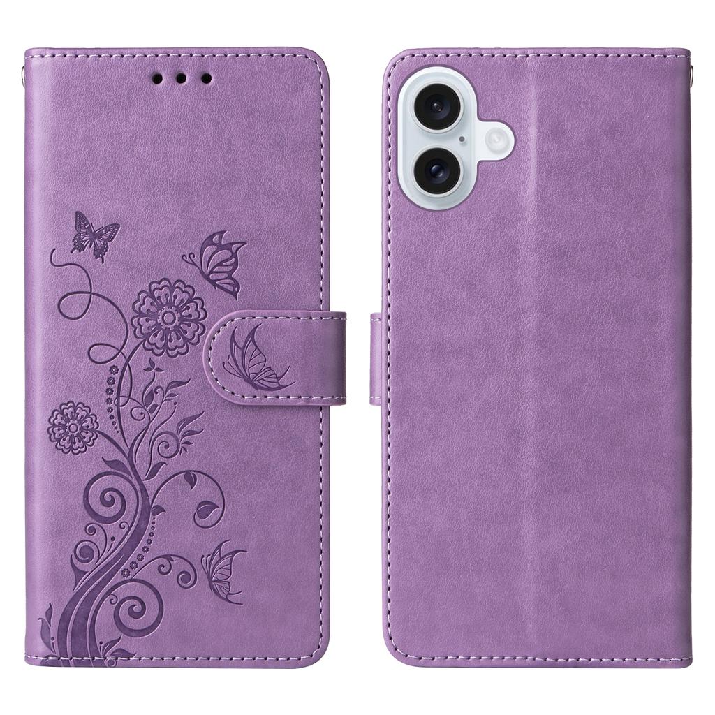 For iPhone 16 Plus Leather Case Butterfly Floral Imprint Wallet Stand Cover