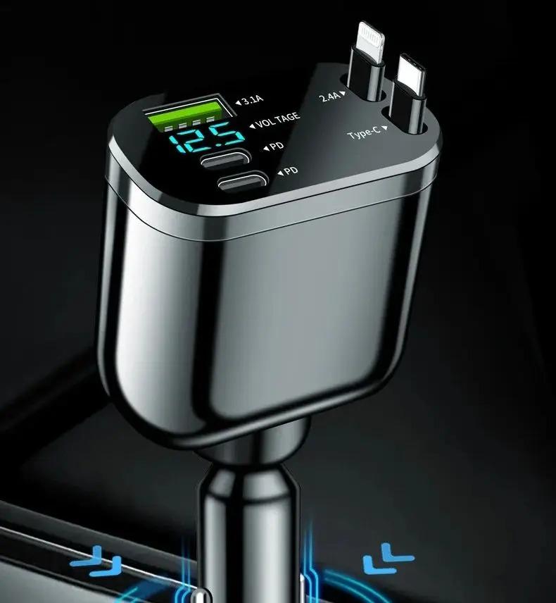 NEW 5-IN-1 150W Retractable Car Charger Mobile Phone USB PD Type C Cable For iPhone Fast Charge Cord Cigarette Lighter Adapter Car Accessories