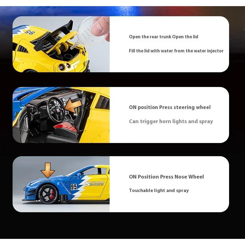 Spray 1/24 Nissan GTR R35 Skyline Ares Supercar Alloy Diecast Model Car Sound Light Library Bookcase Display Ornaments Gifts