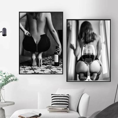 Black White Women With Wine Glass  and Prints Sexy Posters Girl Wall Art Naked Body Picture for Bedroom Home Decor Cuadros
