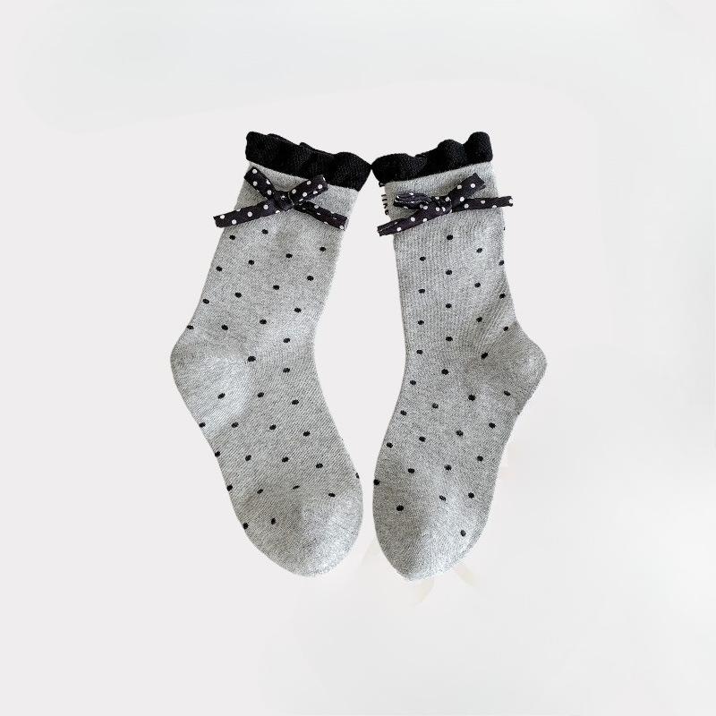 

Женская осенне-зимняя мода Новые носки-гольфы с принтом в горошек, бантом, двойным воротником и кружевом 1 pair серый