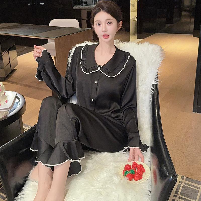 High-end Ice Silk Pajamas Women's Summer New Long-sleeved Trousers Doll Collar Set Korean Version of Ice and Snow Silk Women's Loungewear