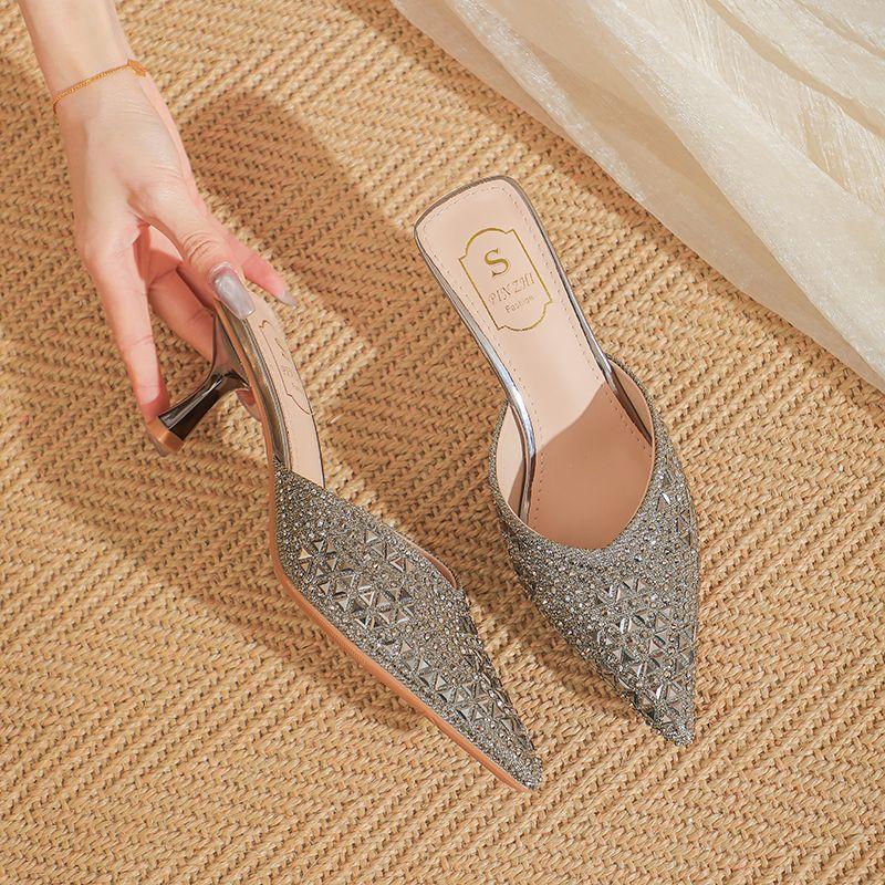 

Soft sole is not tired of feet, high-end sense, thin heels, high heels for women s 2025 new bag head slippers, women s summer outer wear large s 40 серый