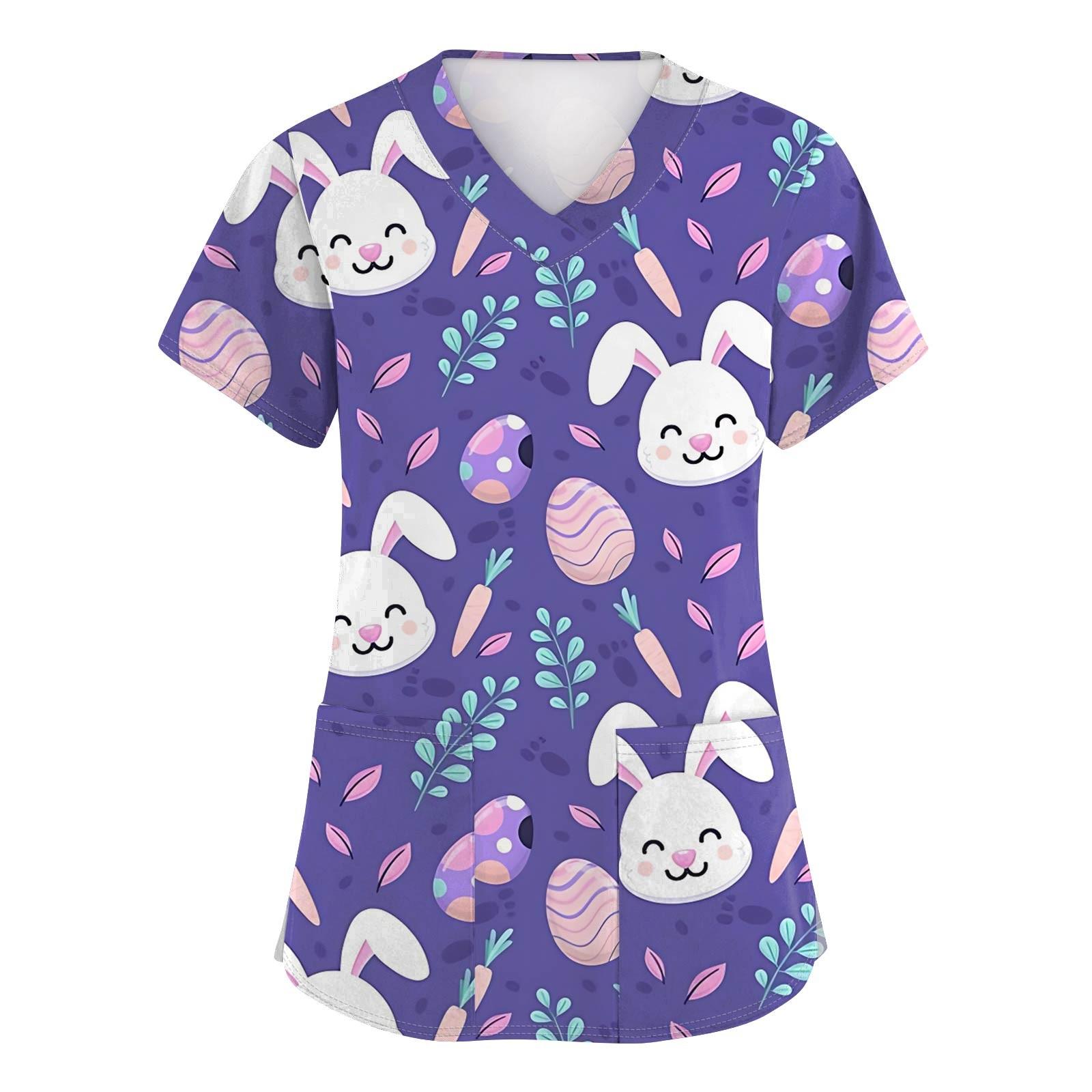 Women s Fashionable Short Sleeved Easter Printed V-Neck Pocket Work Jacket Top M фиолетовый