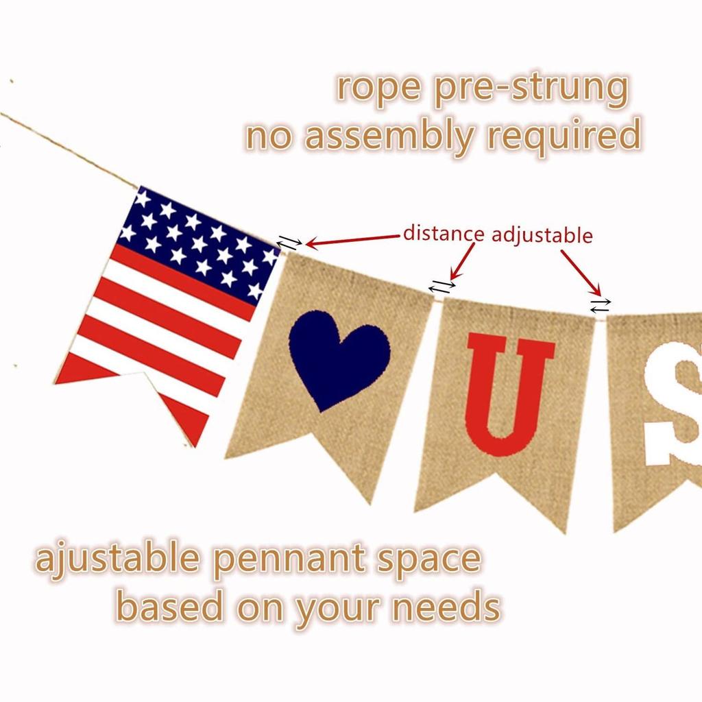 Banner Patriotic Decorations Red Blue White USA American Flag Jute Flag Banner For Independence Day Labor Day Military Events USA