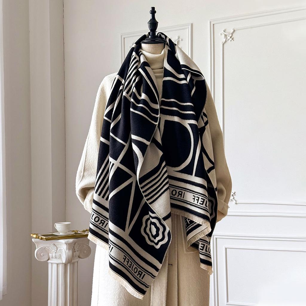 New Brand Elegant Two-Sided Geometric Jacquard Pashmina Scarf - Soft Warm Fringe Shawl, Winter Coldproof Windproof Blanket