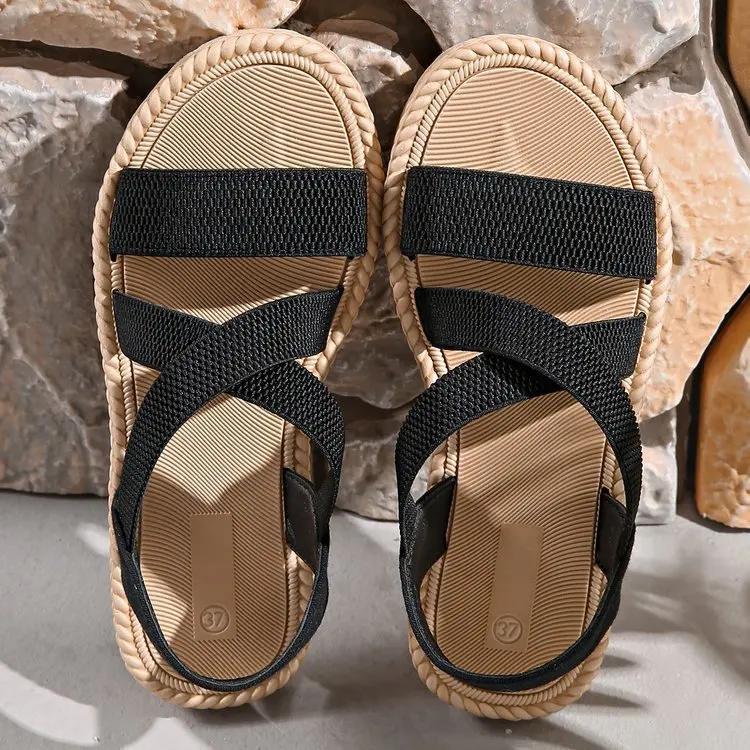 

Fashion Women Sandals Summer New Flats Fashion Plus Size 2025 Beach Sandels Outdoor Lightweight Breathable Summer Platform Roman Sandals 43 чёрный