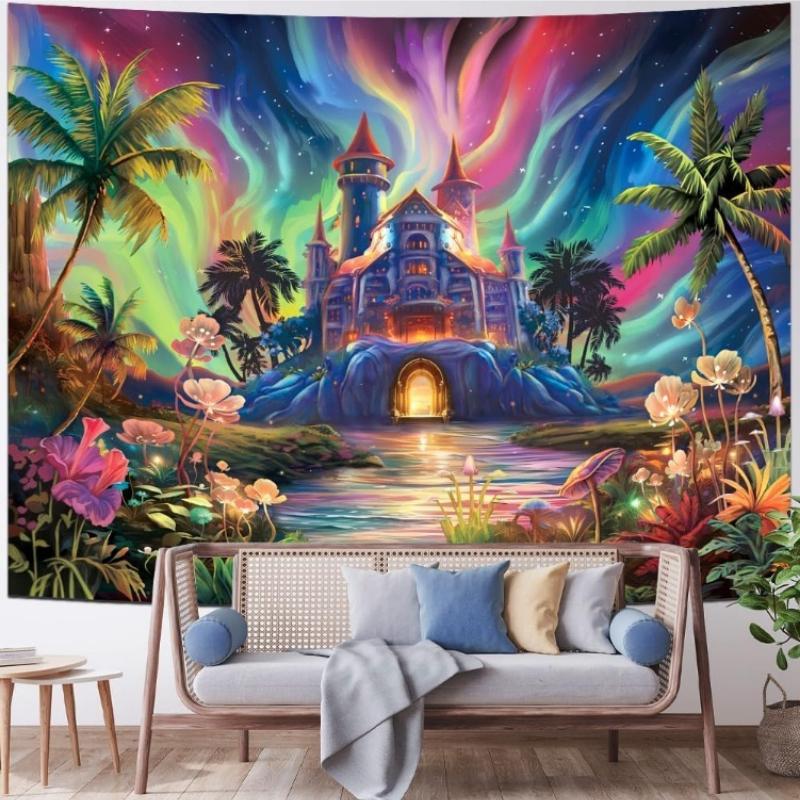 Enchanted Castle Tapestry, Psychedelic Sky with Palm Trees & Glowing Flowers Print,Wall Hanging for Fantasy Aesthetic Room Decor