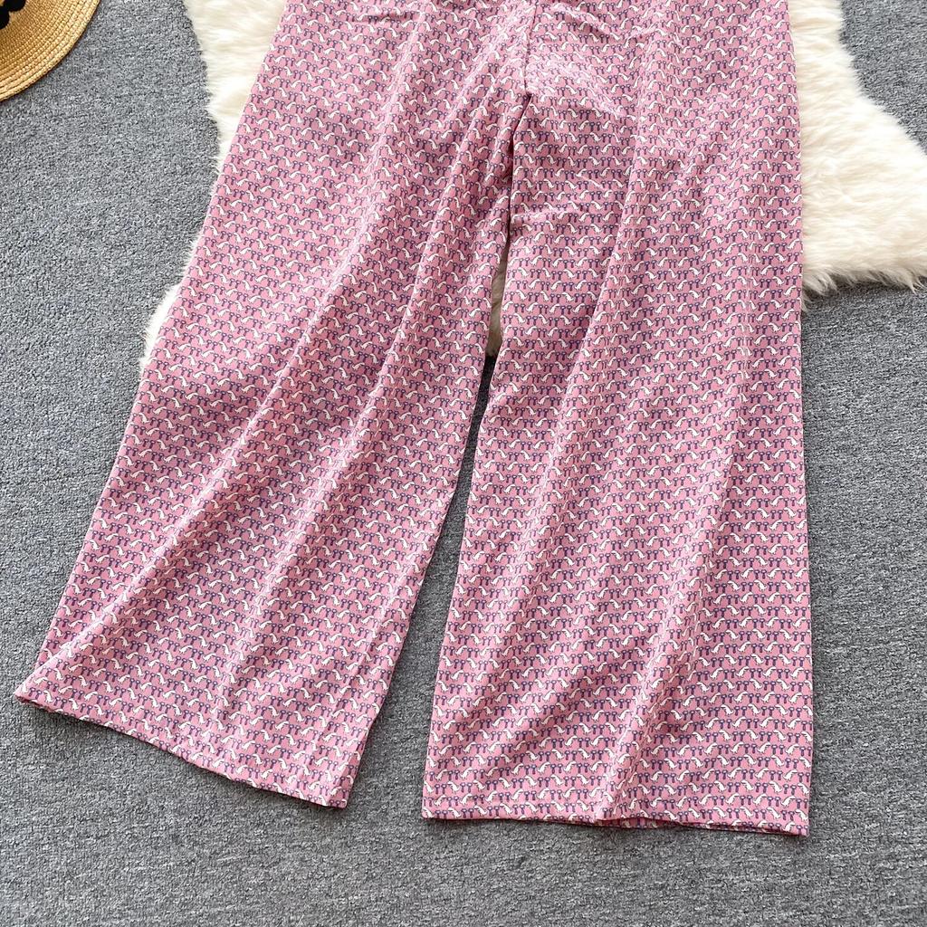 Bohemian Seaside Holiday Sle Zweiteiliger Anzug mit Wellenmuster, Camisole-Ärmel, vielseitiges, geschlitztes Hosenset mit weitem Bein