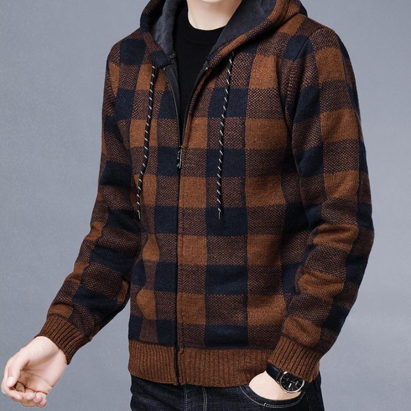 Herren Pullover Jacke Mode Wintermantel Fleece Kapuzenpullover Kariert Kapuze Strickjacke Männliche Oberbekleidung