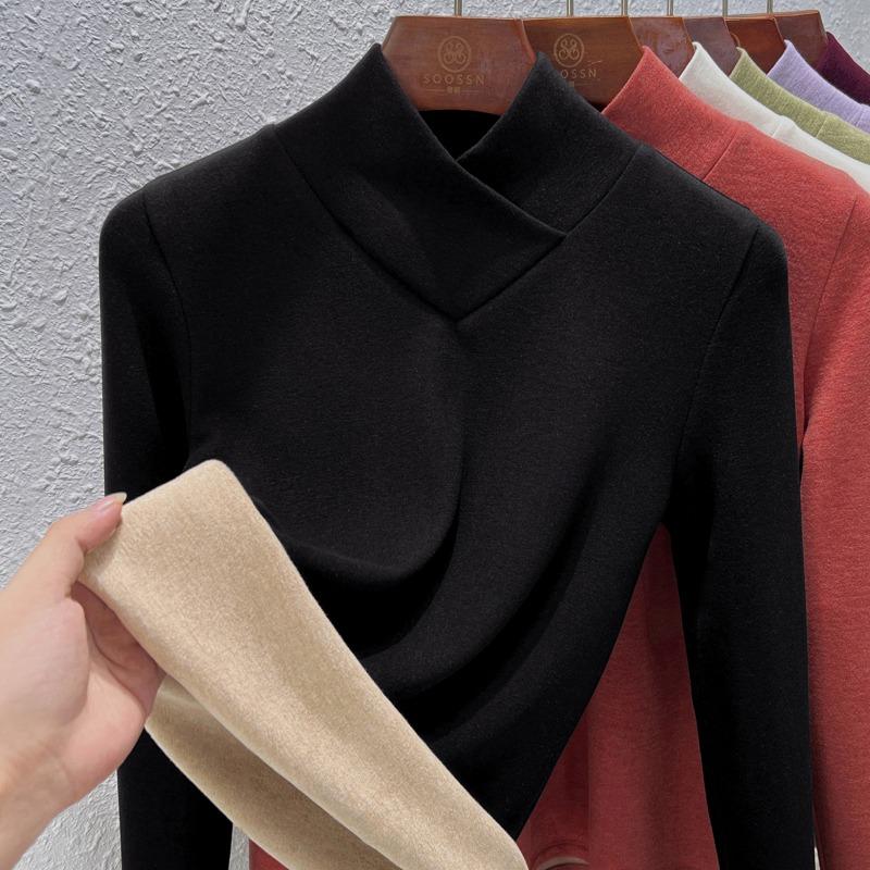 

Stacked collar warm fleece bottoming shirt women s autumn and winter new semi-turtleneck long-sleeved fleece warm silk cashmere top M чёрный