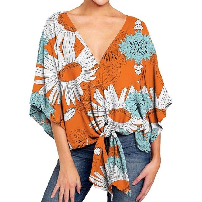 Damen Casual Blumenhemd Sommerstil V-Ausschnitt Kurzarm Fledermausärmel Lockeres Hemd Bohemian Stil Frontknoten Oberteil