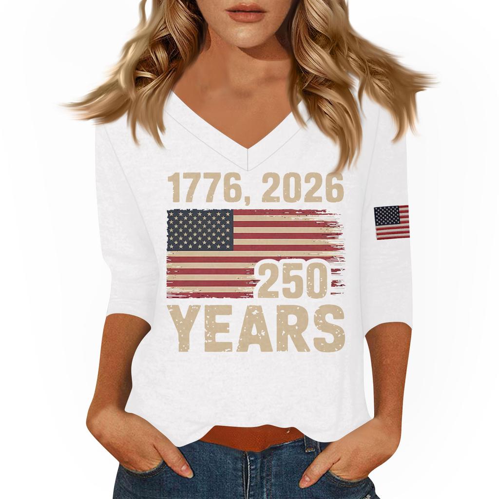 Womens V Neck 3/4 Sleeve Top with Printed States Flag and 250 Years Letter Design Casual Fit