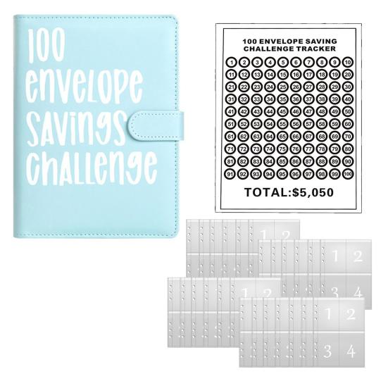 100 Envelope Savings Challenge Kit PU Binder with Numbered Pockets And Progress Trackers A5 Budget Planner for Couples Individuals