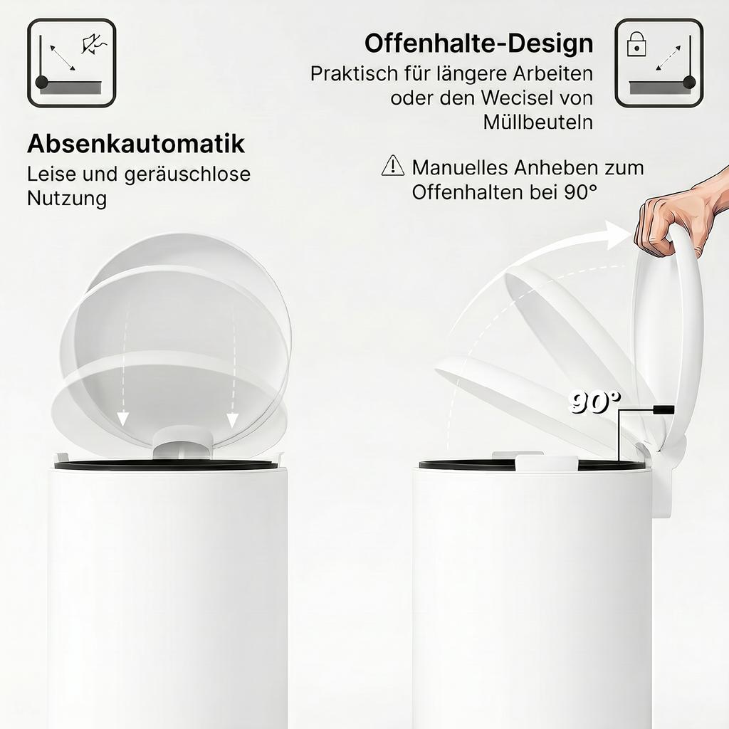 Trash Can 20L, with Pedal, Inner Bucket, Fingerprint-Proof, Quiet Closing, Cream White
