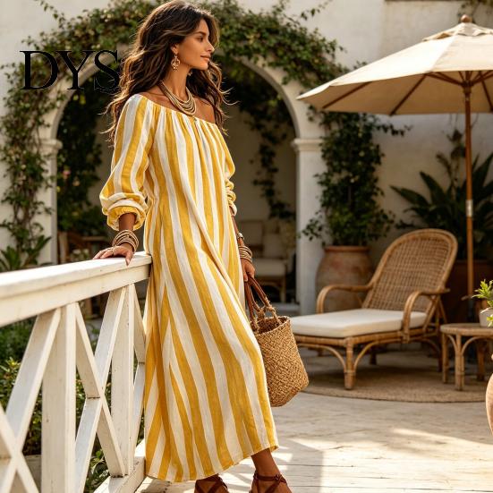 Casual Summer Outfit Women Striped Long Dress, Off Shoulder Sleeve Dress Ankle Length Loose Swing with Side Pocket Lightweight