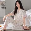 Pajamas with chest pads women's summer thin cotton short-sleeved trousers large size casual relaxation cardigan loungewear set