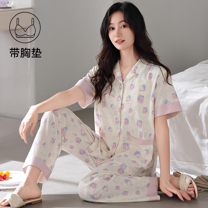 Pajamas with chest pads women's summer thin cotton short-sleeved trousers large size casual relaxation cardigan loungewear set