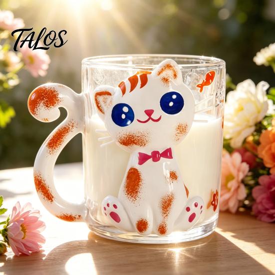 Cartoon-Katze Trinkglasbecher, Isolierter Glas-Kaffeebecher, mit Katzen-Schwanz-Griff-Design, Transparenter Becher für Heiße Kalte Getränke