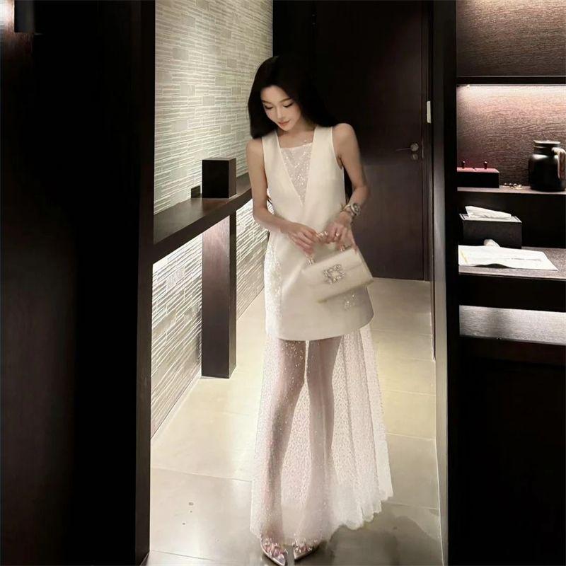 

French style High-Grade Sense Patchwork White Sleeveless Dress Women Summer This Year s Popular Beautiful Temperament Vest Long dress White Long Dress S(78-98)