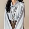 Women's Pleated Single Breasted Shirt Turndown Collar Striped Solid Color Ladies Long Sleeved Shirts Spring Casual Trendy Famale Top