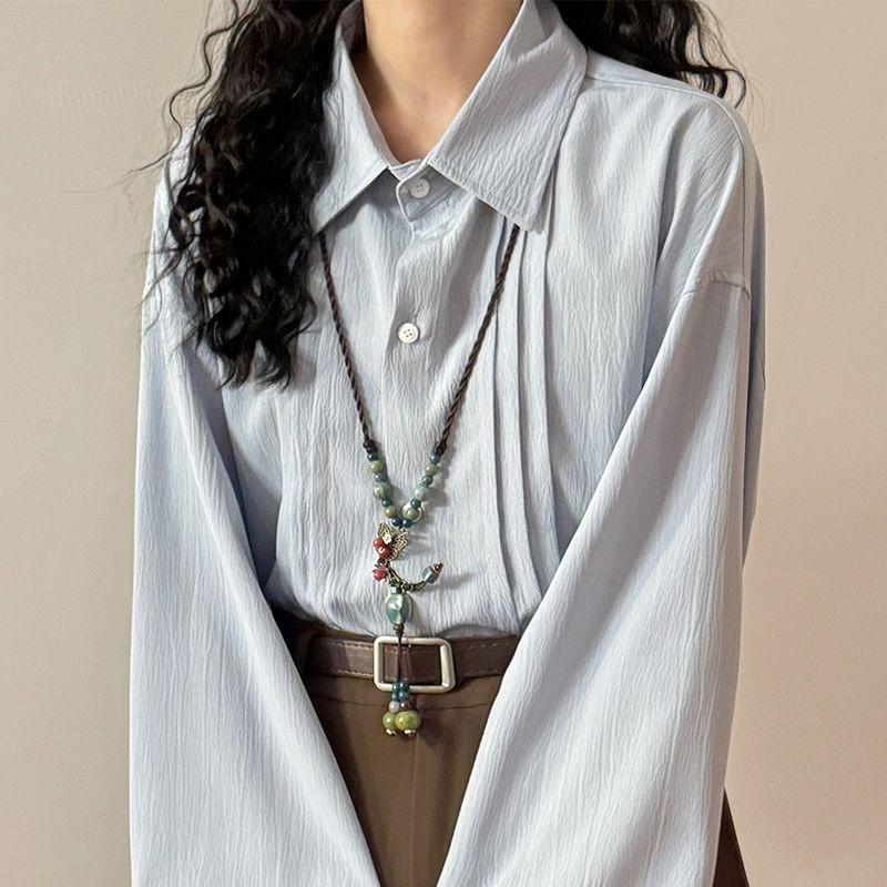 Women's Pleated Single Breasted Shirt Turndown Collar Striped Solid Color Ladies Long Sleeved Shirts Spring Casual Trendy Famale Top