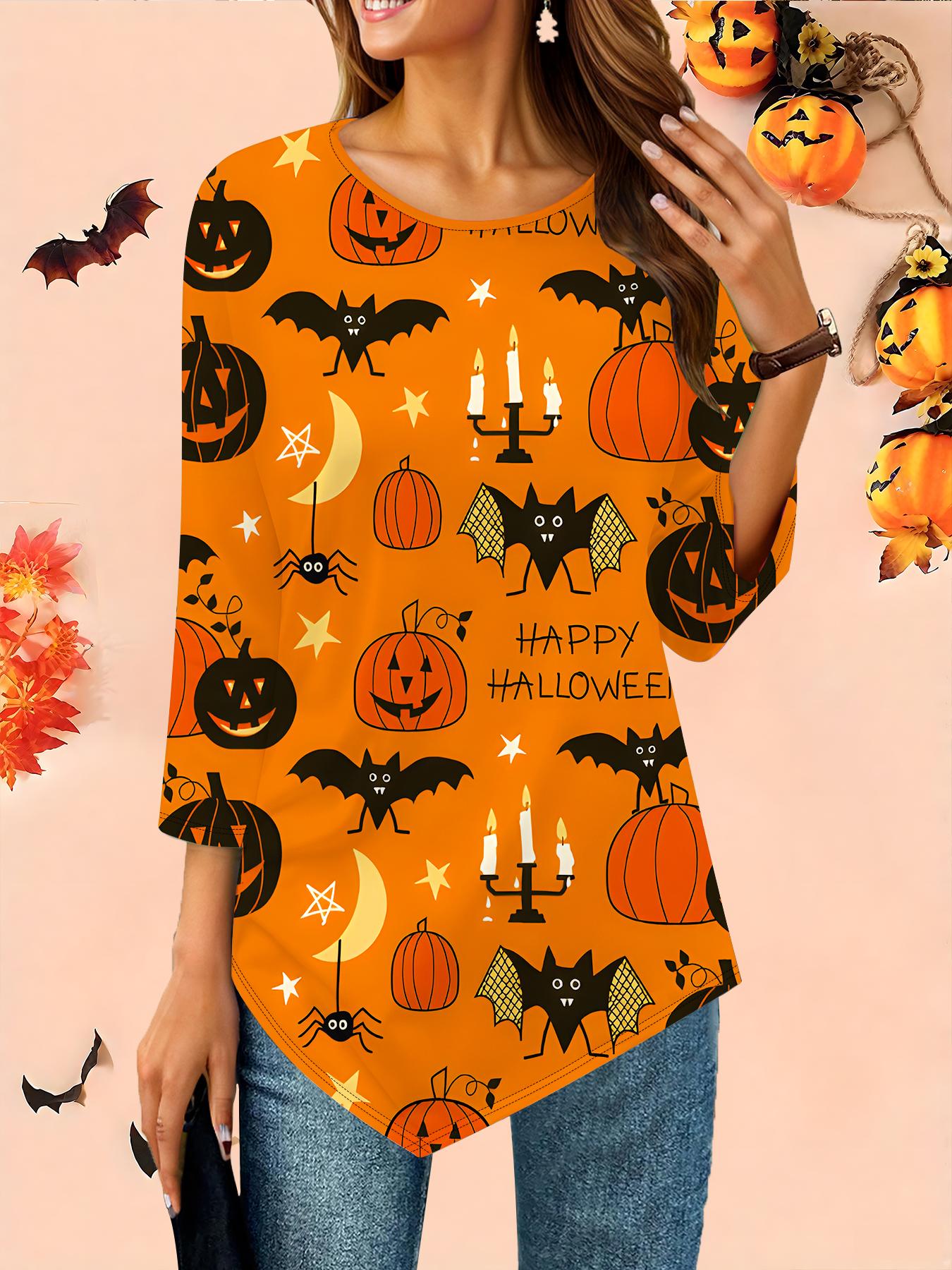 

Женская свободная футболка с круглым вырезом и рукавом три четверти, 3D-рисунок на Хэллоуин, идеальный подарок на Хэллоуин и Рождество 8XL оранжевый