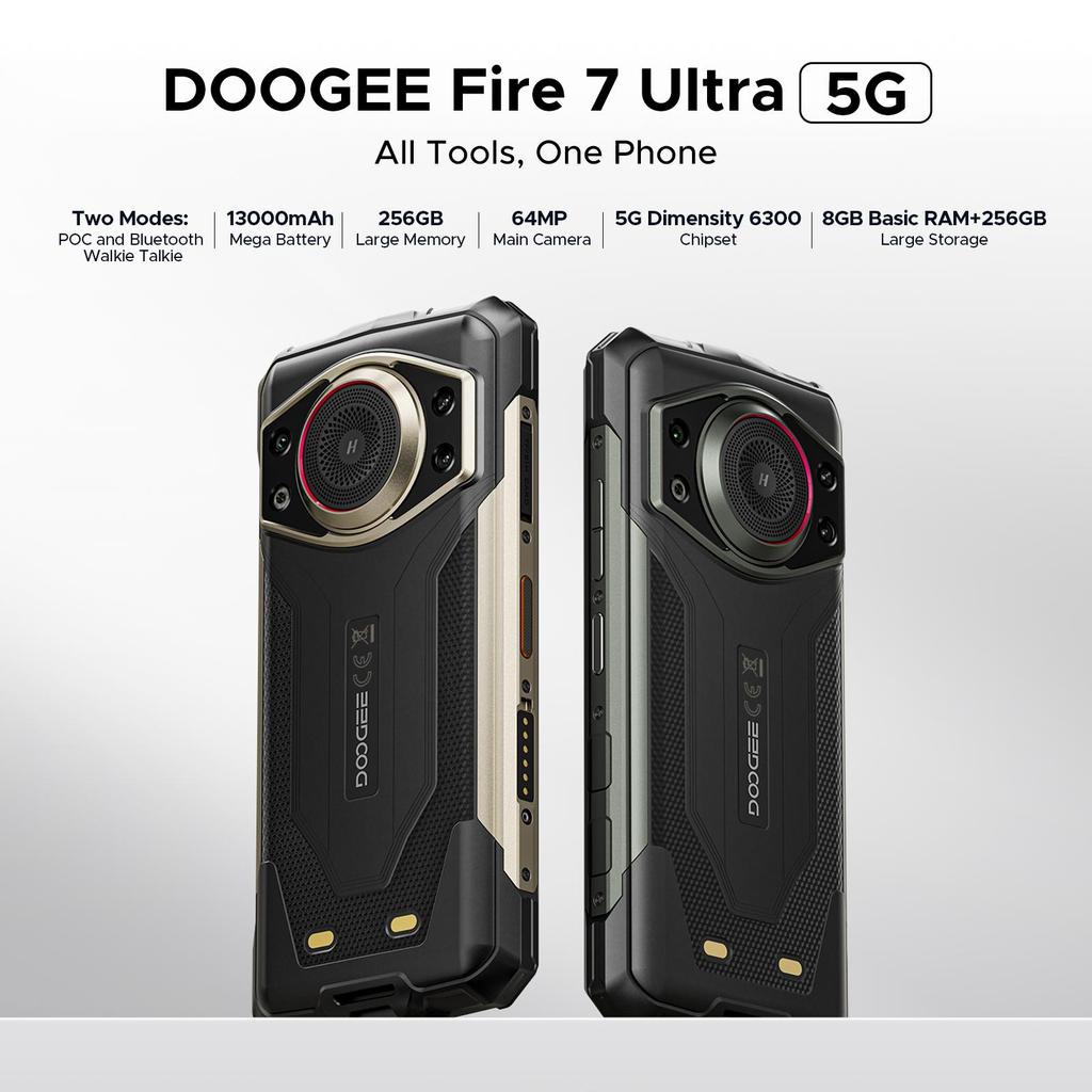 Doogee Fire 7 Ultra Robustes Smartphone 5G, 13000mAh/33W, 8GB+256GB(2 TB TF), 6,6” HD+ 90Hz Display, IP68/IP69K, 125dB Lautsprecher, NFC, Dual-SIM