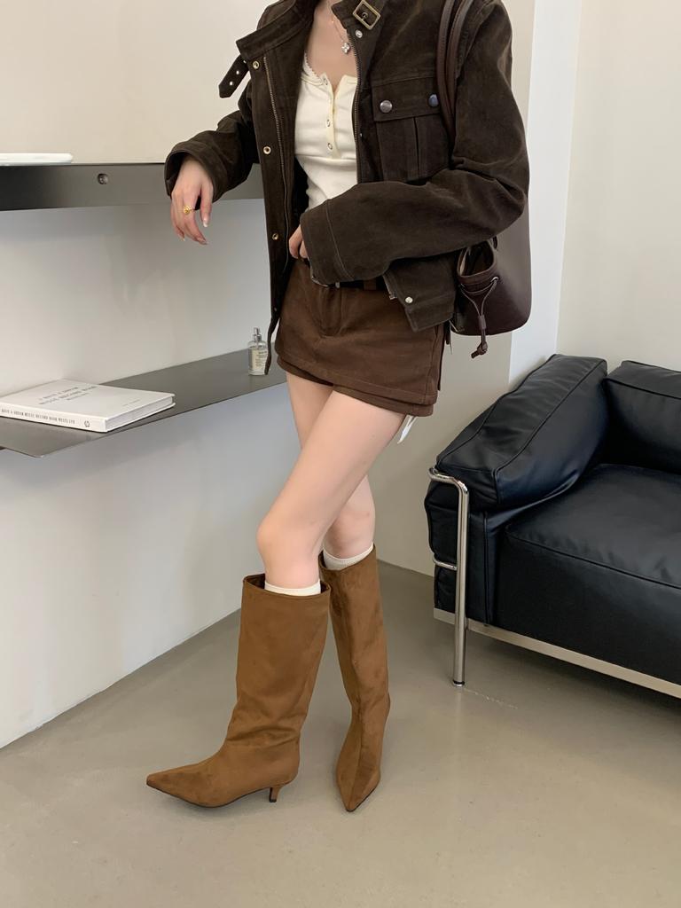 Long boots suede pointed high heels piled boots autumn and winter retro temperament commuting but knee sleeve boots with skirt