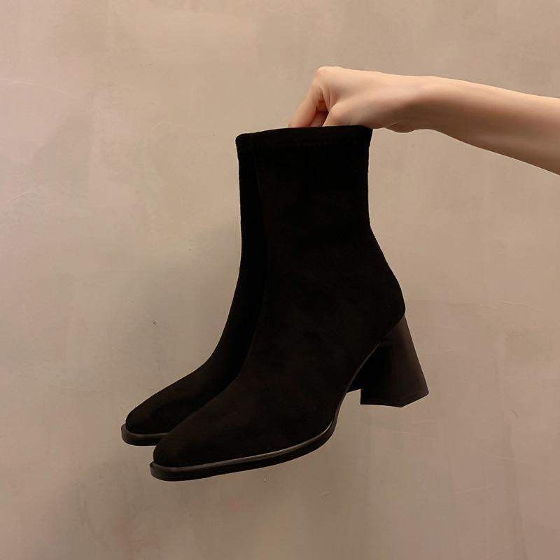 Autumn Winter Vintage Thick Heels Women Ankle Boots Elegant Square Toe Stripper Party Shoes Modern Short Botas Para Mujer