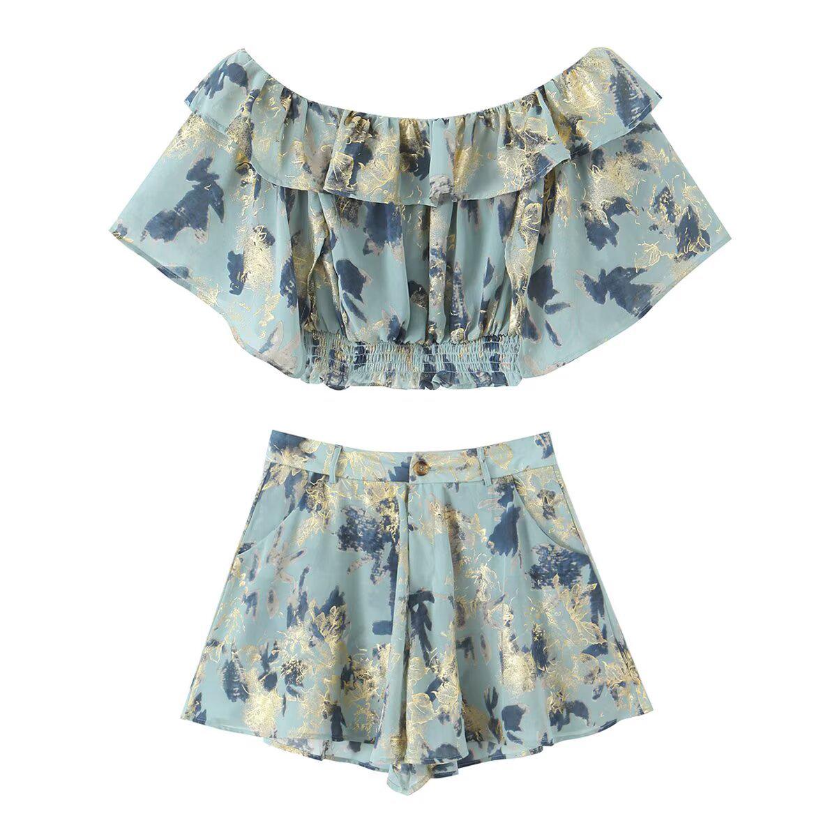 

Весенний женский шифоновый комплект с шортами с открытыми плечами 2025: Европейский и американский стиль Large