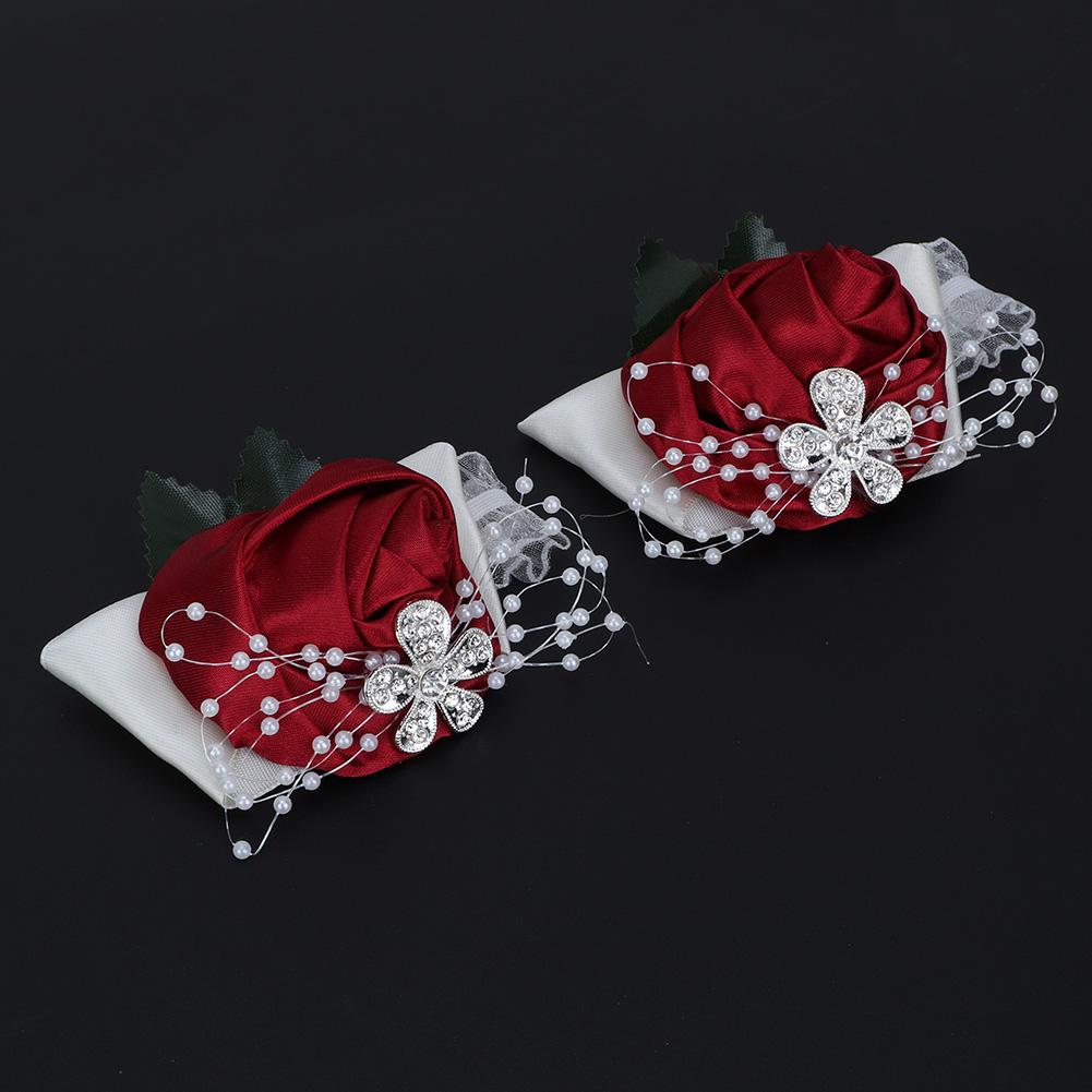 2pcs Hand Flower Bridesmaid Wrist Corsage Wedding Decorations    ;Wine Red:
