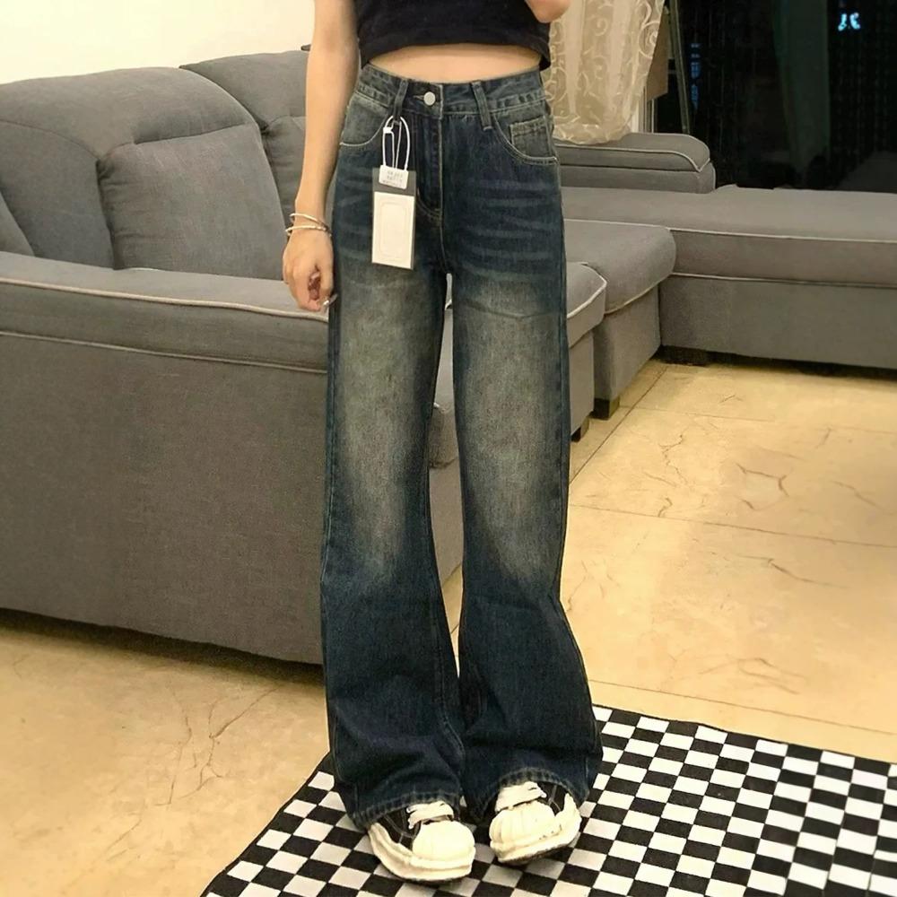 Women's High Waist Flare Jeans Loose Fit Vintage Washed Non Stretch Wide Leg Denim Trousers