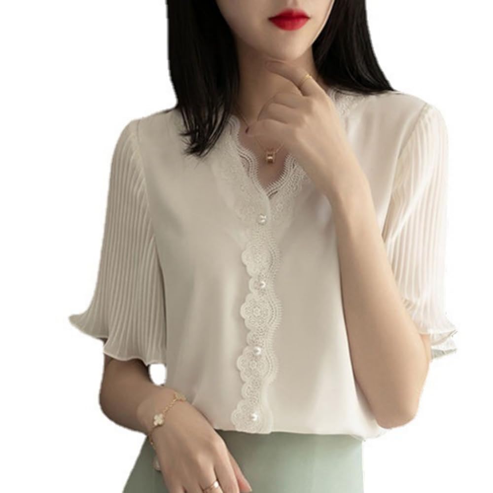 Lace Blouse Chiffon Tops Flared Short Sleeve Korean Style Summer Stylish Neat Thin Adult Cute Loose Fit Slimming Casual Office Commuting OL Date