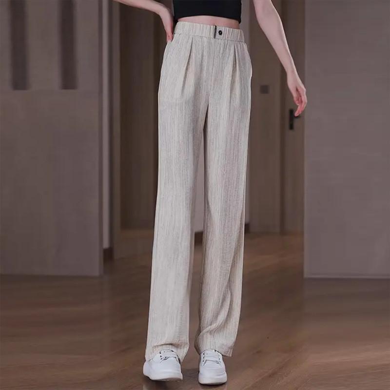 Summer Ice Silk Straight Leg Pants For Women With High Waist And Pocket Detailing