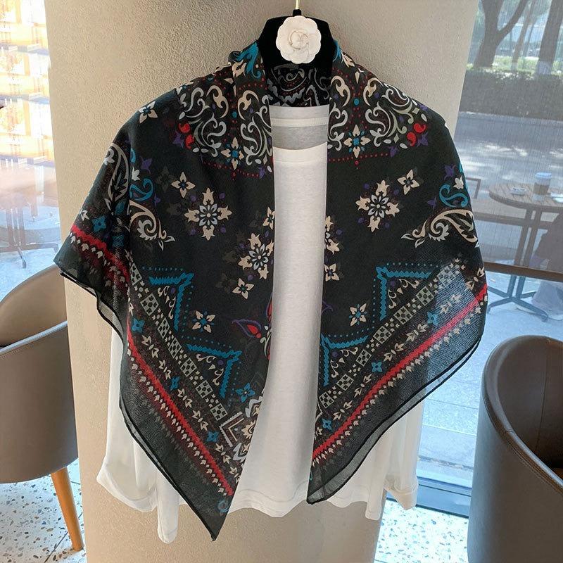 [Variety sunscreen shawl retro printed square scarf women's summer silk cotton silk scarf