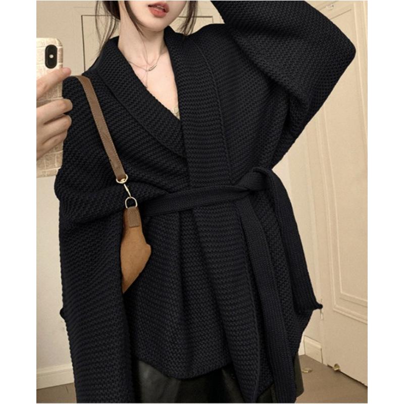 European and American Style Lace-up Bathrobe Style Knitted Sweater Women's Autumn and Winter Lazy Style Loose Sweater Jacket Medium and Long Cardigan