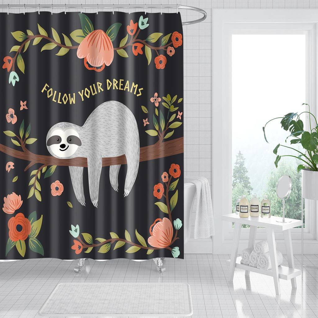 Cartoon Animals Cat Bird Giraffe Shower Curtains Bathroom Curtains Waterproof Polyester Bath Screen Curtain with 12 Hooks